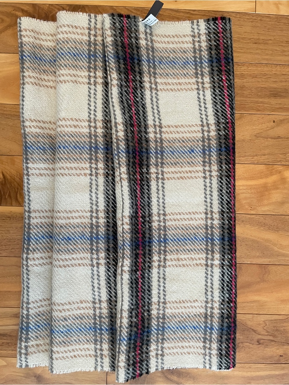 Women’s Cream Plaid Scarf with Blue and Black Accents